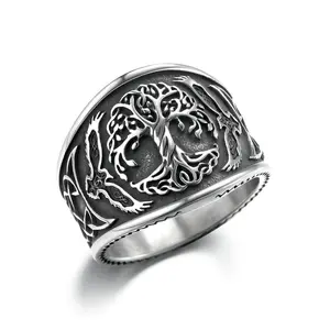 GTHIC Viking Tree of Life Norse Raven Celtic Knot Ring for Men and Women Birthday Gift Stainless Steel