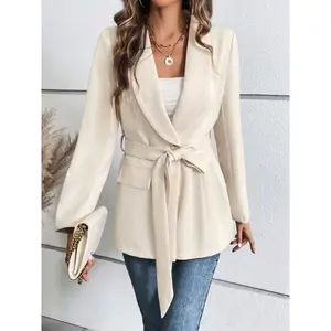 NewA ladies' peach-colored collarless fitted blazer with belt, featuring a simple style and versatile appeal for casual wear. Can be used with a raincoat(Gift)11(Sheets)