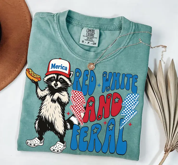 Comfort Colors Red White and Feral Raccoon Graphic Tee, Funny 4th of July Shirt, Patriotic USA Shirt, Independence Day Outfit, Oversized Women Tee