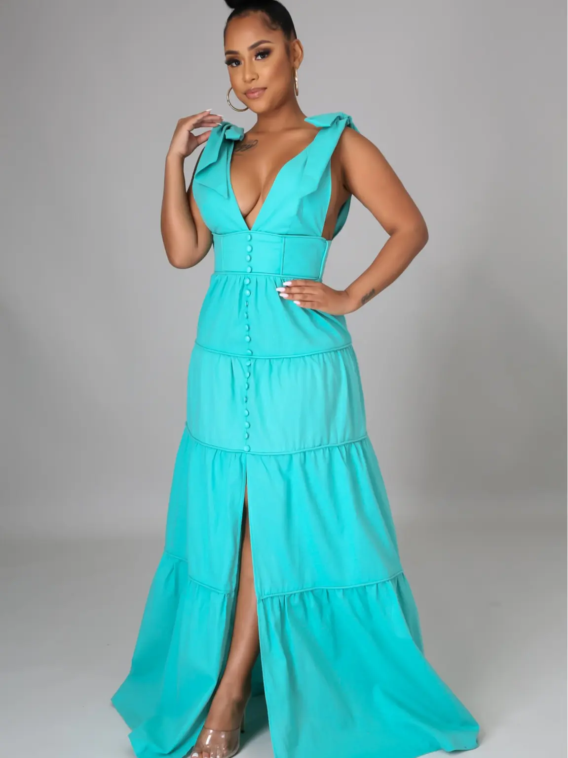 Elegant Turquoise Maxi Dress with V-Neckline and Tie Up Sleeves