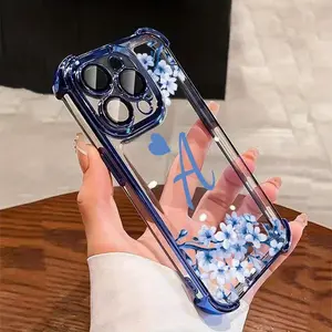 Blue Cherry Blossom Design Pattern Four Corner Anti-Fall Phone Case Transparent Electroplated Protective Cover for iPhone 16 Pro Max 15 Plus 14 13 12 11 E