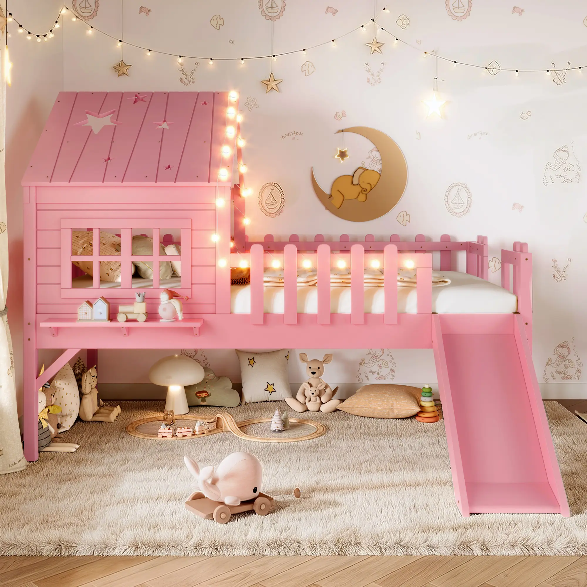 House Loft Bed with Slide,Playhouse Bed with Star Moon-shaped Designs and Window, Chic Design with LED Lights,No Box Spring Needed Montessori Bed Cozy Fluffy Bed