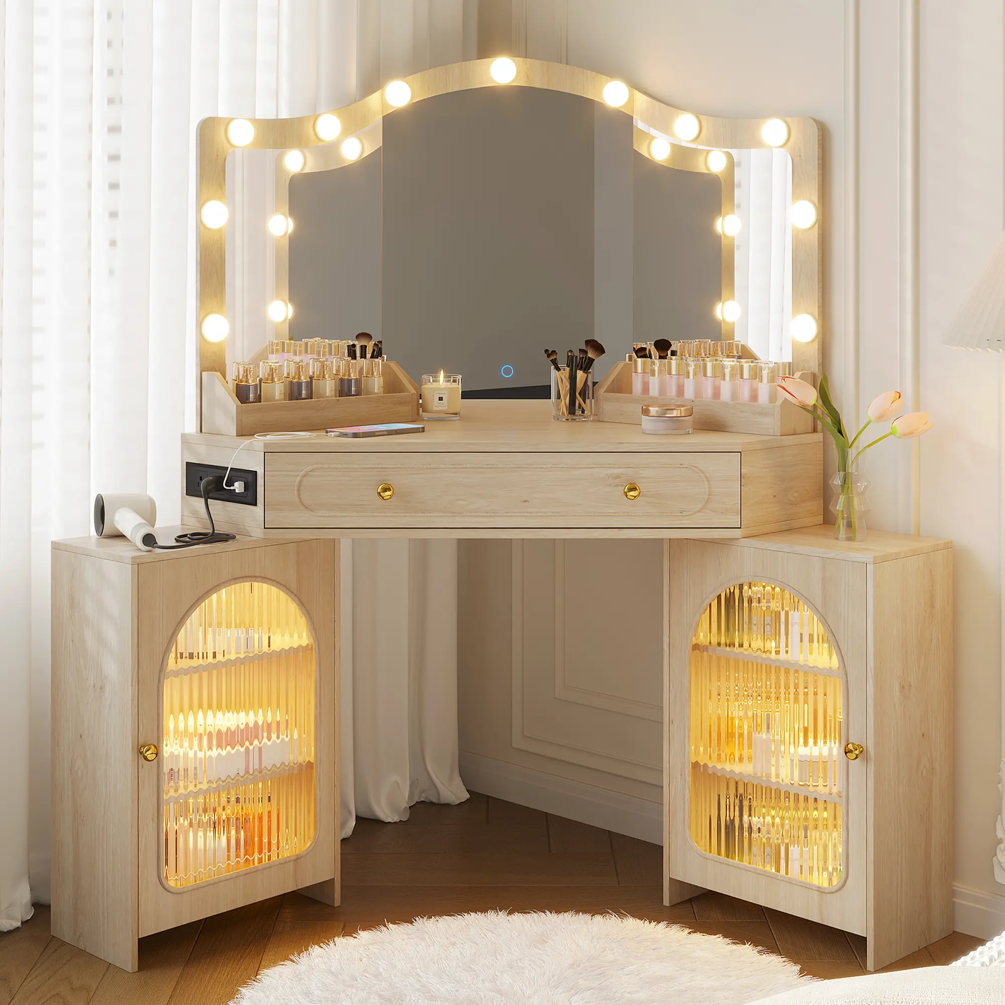 Casvik Makeup Vanity Table with Mirror and Hollywood Light Bulbs, Corner Vanity Desk with Large Storage Drawer, Light Up Vanity, Built-in Power Outlet for Bedroom, Dressing Room (White/Black/Oak)