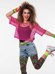 80s Retro Neon Fishnet T-Shirt Mesh See Through Top Carnival Party Outfit