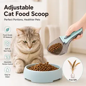 CATMUSE Adjustable Cat Food Scoop with Clear Measuring Scale, Food Grade Pet Food Scooper for Portion Control, One-Hand Operation Kibble Scoop for Cats & Small Dogs, Free Feather Cat Toy Included
