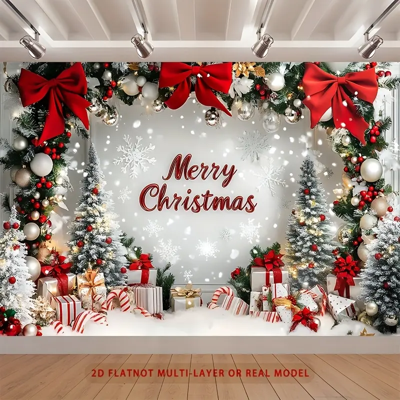2D Flat Polyester Christmas Party Banner - Festive Backdrop with Christmas Tree, Snowy Scene, Decorative Bows, Wrapped Gifts, Ideal for Home Room Wall Decoration, Cozy Ornament
