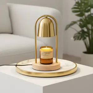 Golden Candle Warmer Lamp with Wooden Base – Dimmable, Timer & 2 Halogen Bulbs Included | Elegant Home Decor & Gift Idea