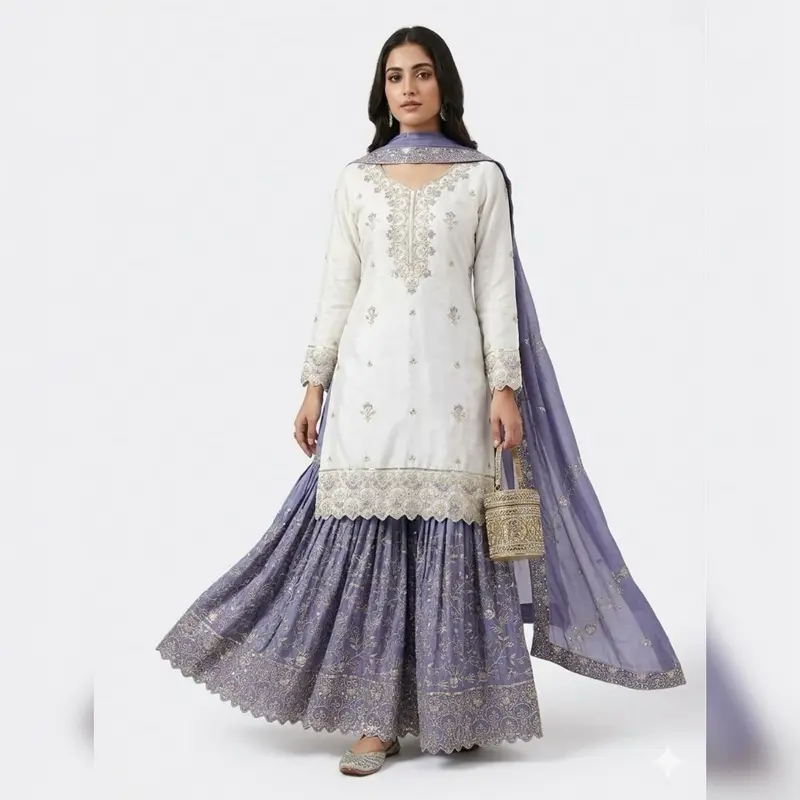 Women's Indian Gharara Outfit - White Top, Green Skirt & Matching Dupatta - Lady's Classic Gharara Traditional Casual Dress with Full Set Styling, Matched Top & Skirt, White Top For Clean Lines