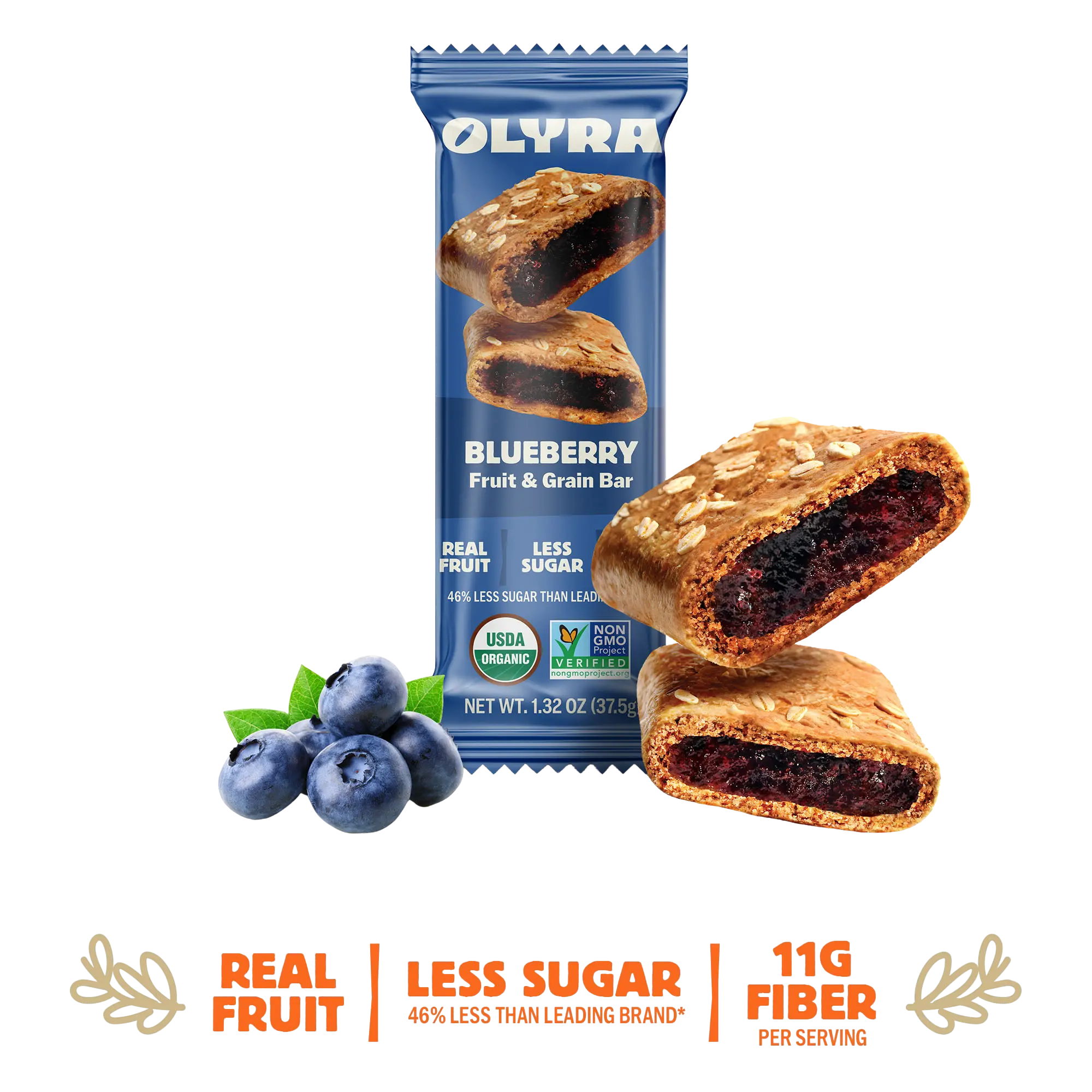 Olyra Blueberry Fruit & Grain Bites - 4 Box Case - 16 Bars, 11g Fiber, only 6g Sugar, Organic, Prebiotics, High Fiber, Vegan, Greek Grains, Soft-Baked Fruit & Grain Bar