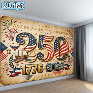2D Flat, 2D Flat 1pc USA 250th Anniversary Theme Backdrop Red Blue White Golden Star and Stripes Elements Celebration Decoration 250th Anniversary Party Backdrop Tapestry, 2D Flat