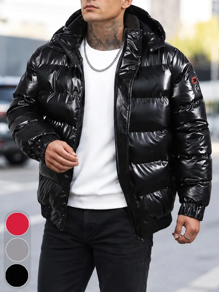 Men’s Shiny Detachable Hooded Bread Jacket - Windproof Warm Padded Zip-Up Outerwear with Shiny Topstitching, Pockets & Casual Streetwear Style for Cold Weather, Jackets,sohochic