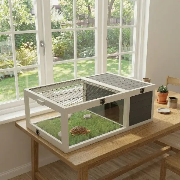 39.5in Wood Tortoise House Reptile Enclosure Cage - Indoor/Outdoor Easy-Clean Pet Habitat for Turtles/Lizards, Snakes with Acrylic Observation Windows, 2 Removable Waterproof Trays