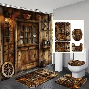 4pcs retro cottage series, exquisite shower curtain set, non-slip floor mat, U-shaped carpet, toilet cover, perfect for bathroom decoration, partition, beautify the space, 12 shower curtain hooks are given