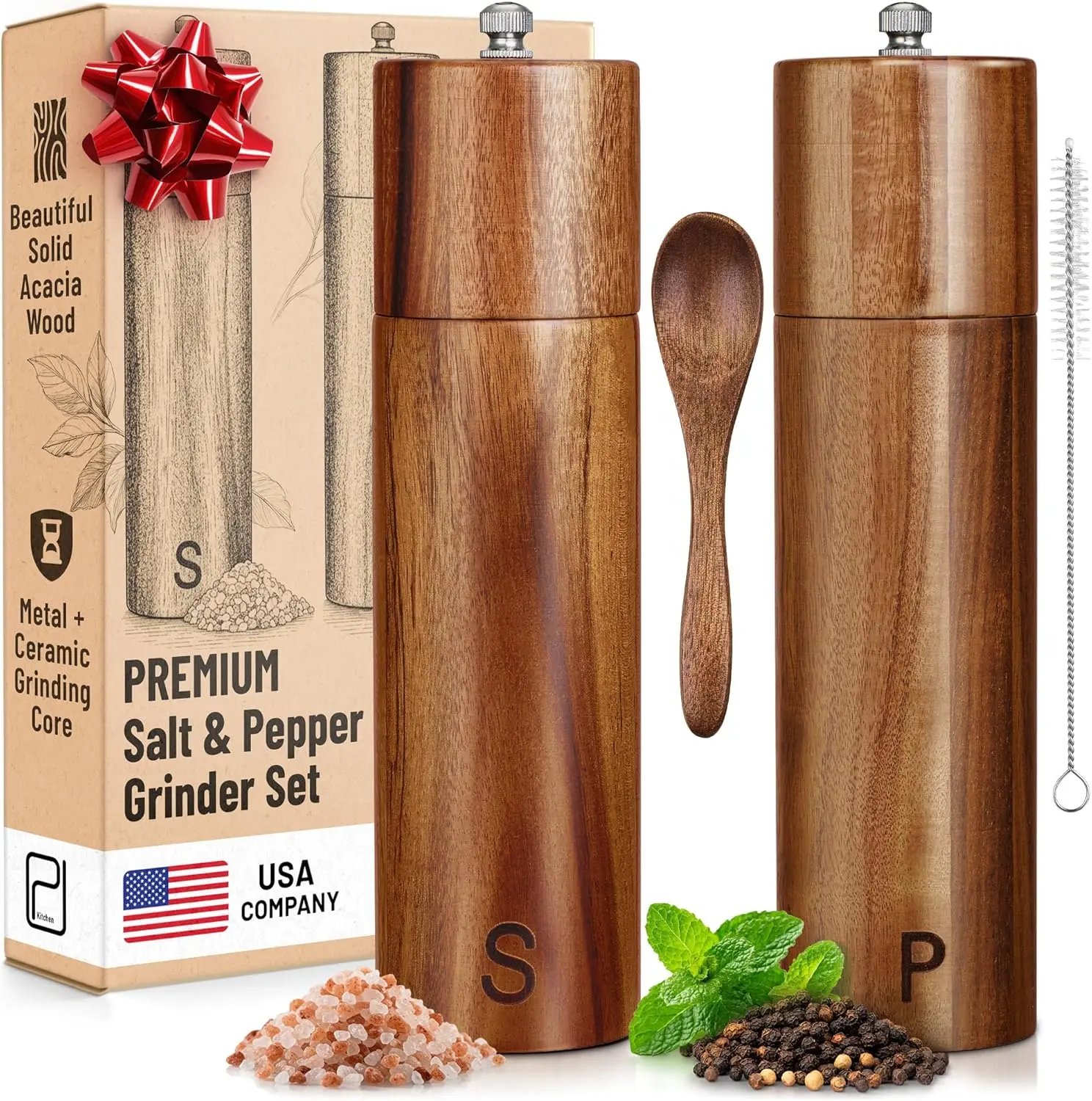 PJC-Kitchen Wooden Salt and Pepper Grinder Set - Refillable Manual Spice Mills with Adjustable Coarseness, Ceramic Burr, Stainless Steel Accents - Kitchen Accessories (Bamboo, Acacia Wood with Tray, Acacia Wood without Tray)