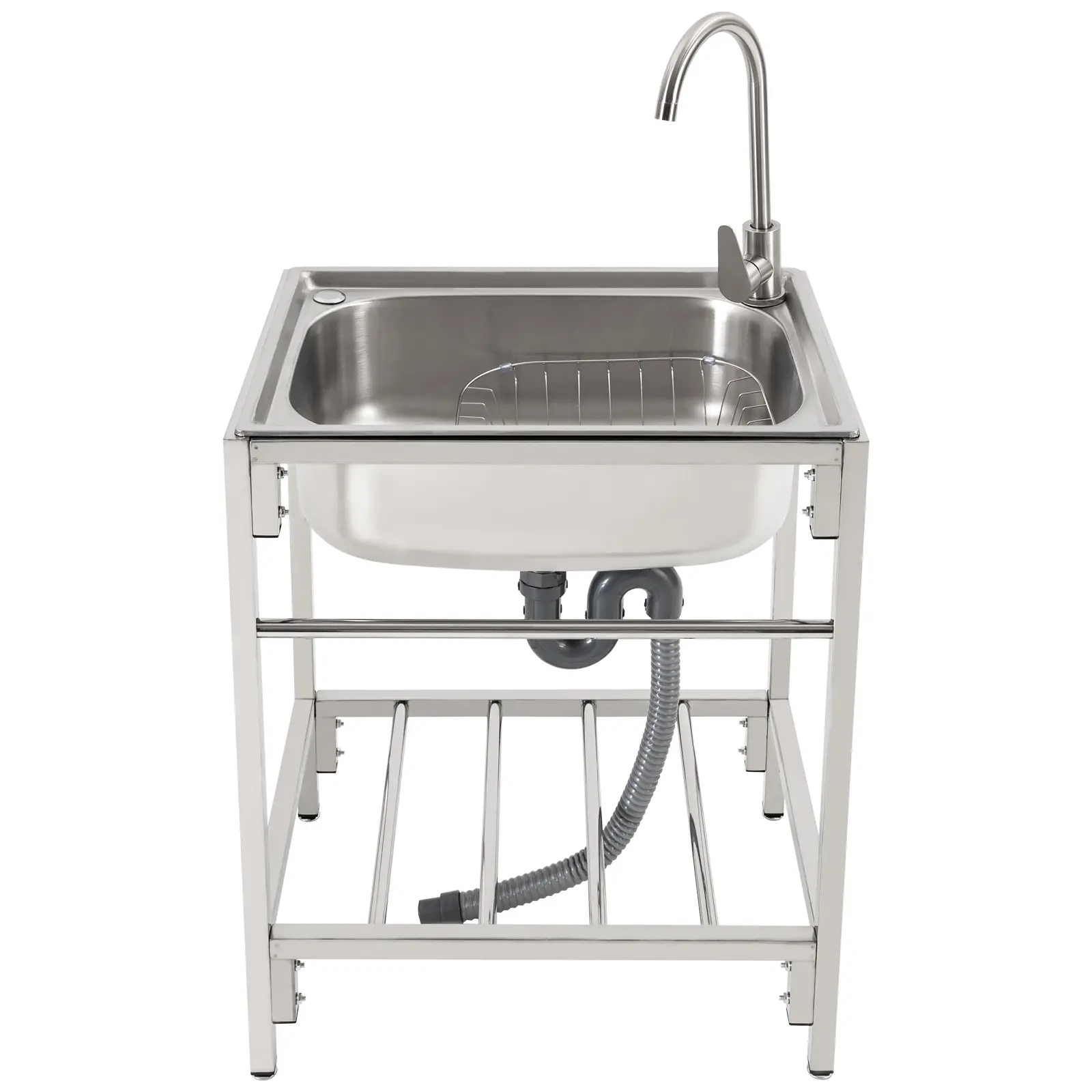 202 Stainless Steel Rectangular Freestanding Single Bowl Sink with Brushed Finish Complete Kit - Hot-Cold Water Tap, 1 Pair×Gloves, 1 Set×Bracket, 1×Filter Carrycot, 1×Thickened Lower Outlet for Commercial Kitchen, Garage Use