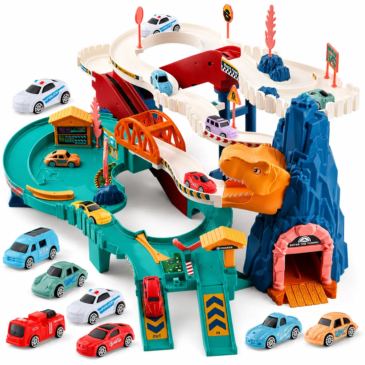 King Size Dinosaur Race Track Set for Kids, Electric Ramp Car Track Toy with Dinosaur Tunnel, Parking Garage, Bridge, Road Signs & Mini Vehicles, Toddler Racing Vehicle Playset for Boys Girls