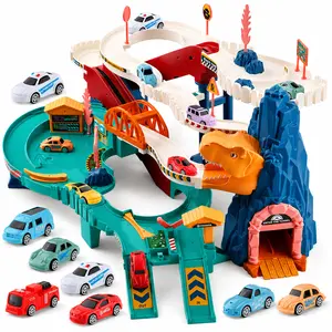 King Size Dinosaur Race Track Set for Kids, Electric Ramp Car Track Toy with Dinosaur Tunnel, Parking Garage, Bridge, Road Signs & Mini Vehicles, Toddler Racing Vehicle Playset for Boys Girls