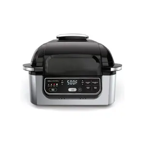 5-in-1 Indoor Electric Grill with Air Fry, Roast, Bake or Dehydrate, Programmable Air Fryer with Grill Grate, 6-qt Cooking Pot with Crisper Basket for Indoor, Kitchen, Dishwasher Safe, Black/Silver