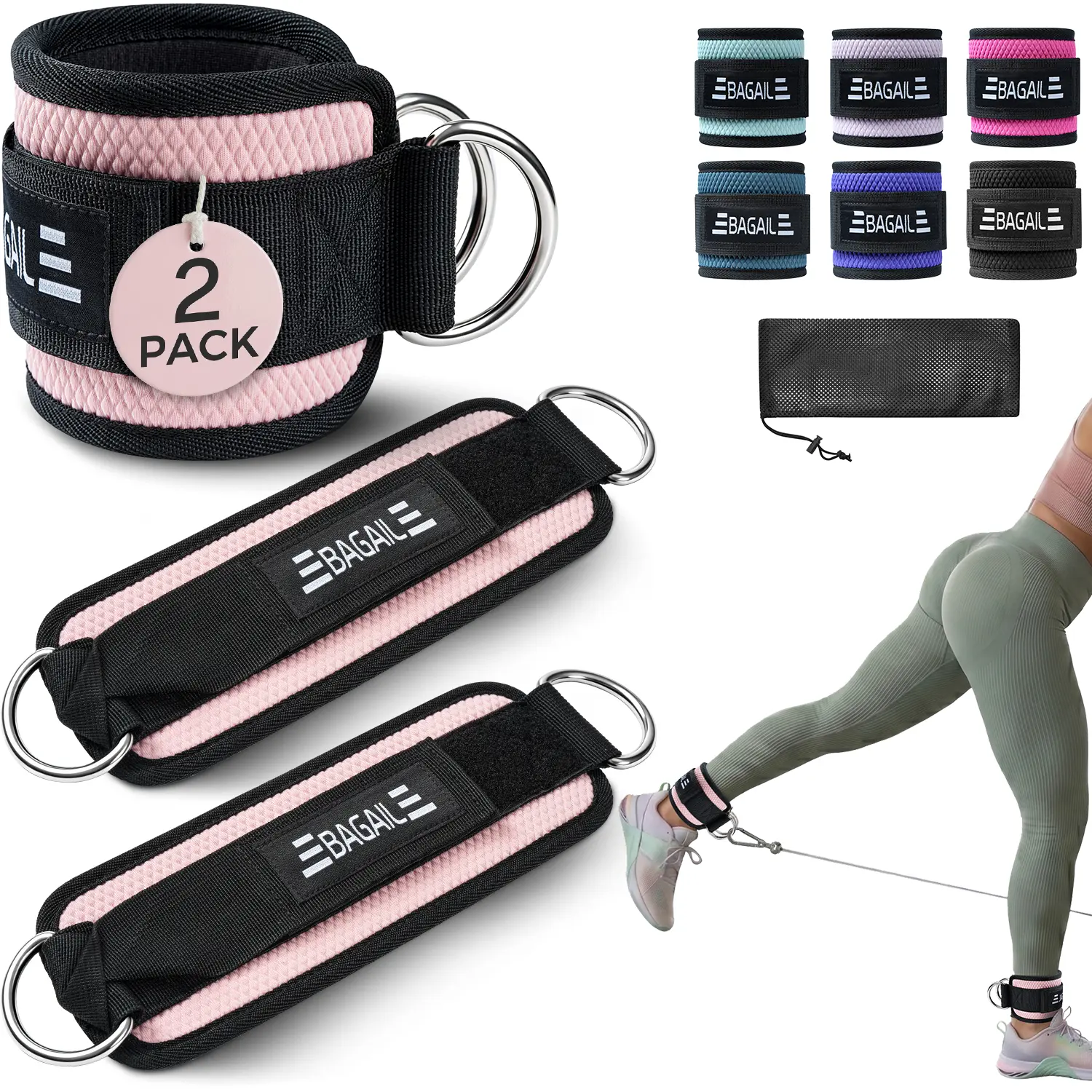 BAGAIL Ankle Straps for Cable Machines (2 Pack), Double D-Ring Ankle Cuffs with Extra Thick Padding, Adjustable Fit for Women & Men Glute Kickbacks, Hip Abductors & Leg Curls, Includes Mesh Bag