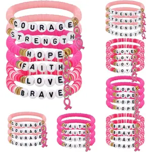 24 count Breast Cancer Awareness Bracelets for Women  Ribbon Polymer Clay Letter Beaded Stretch Bracelets Breast Cancer Awareness Gifts for Women