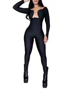 SHAPESHE Long Sleeved Jumpsuit for Women One Piece Solid Full Body Bodysuit Fashion Workout Jumpsuits