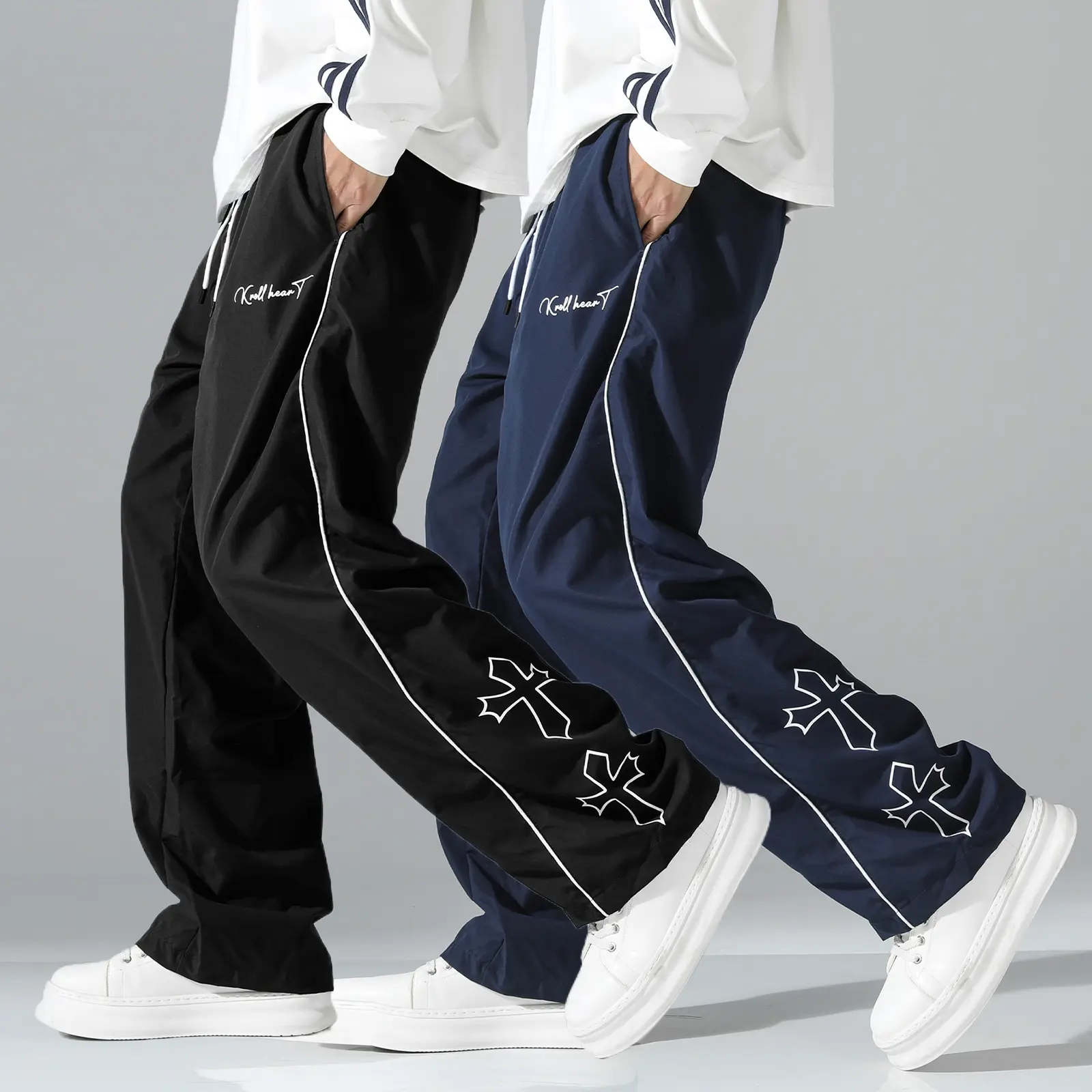 Men's 2 Pack Color Block Sweatpants Set Adjustable Drawstring Waist, Loose Fit Straight Cut Joggers with White Side Stripes, Embroidered Details, Polyester Fabric, Casual Fitness Street Style Wear, Two Piece Sets
