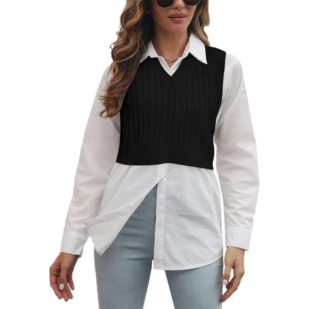 Saodimallsu Women's Preppy Knit Sweater Vest in Argyle or Solid, V-Neck Sleeveless Crop Tank Top for Workout, Style with Leggings, Birthday Gift, Skirt, Short, Lightweight, Checkered, Ribbed, Fitted, Stretchy