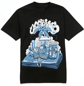 Designer Black T-Shirt with Blue and White Printed Graphic – Soft Cotton, Modern Fit