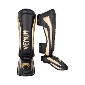 Venum Elite Standup Shin Guards - Black/Gold, Comfortable Design with Pro-Anatomical Reinforcement, Two Largely Velcro Straps, Secure Custom Fit