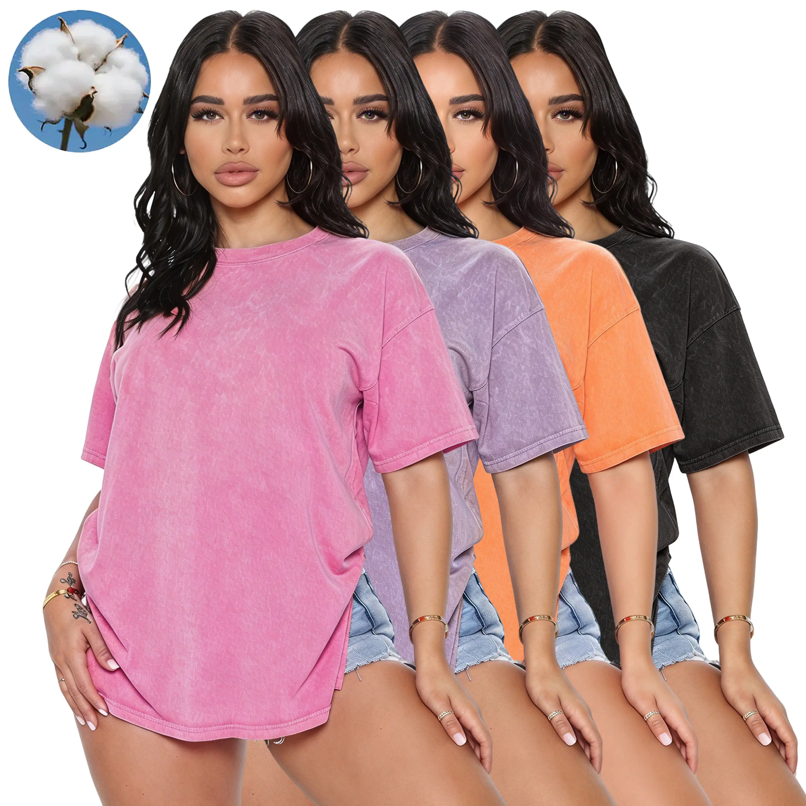 Women's 4-Pack T-Shirts - Casual Loose Fit Basic Crew Neck Shortsleeve Tshirt Tops with Solid Color Distressed Wash for Everyday Outings, Women's Clothes, Tops Women
