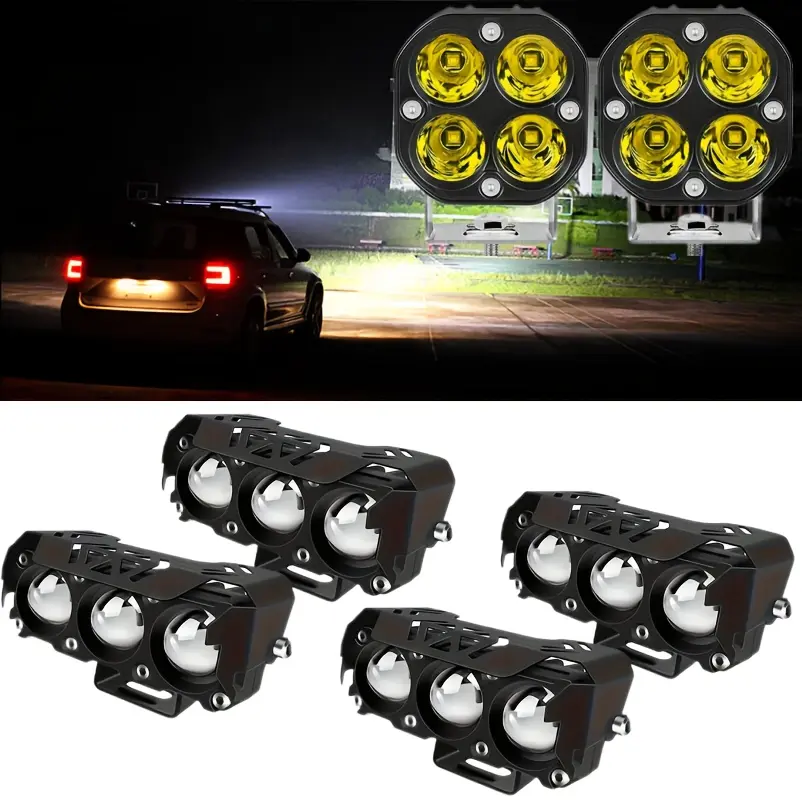 2/4-Pcs LED Pod Motorcycle Headlights Set, 2-Pack Value 3-Lens White-Yellow Dual-Color Waterproof Auxiliary Fog Lights, DRL/Tail Compatible Off-Road Lighting for ATV/UTV Safety Visibility Boost, Motorcycle Parts Led Lights
