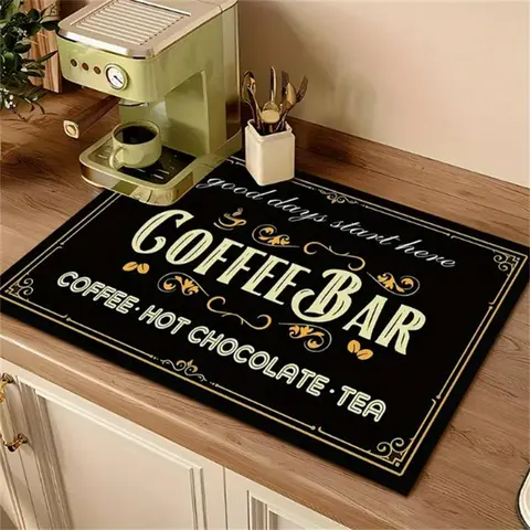 Coffee Bar Pattern Kitchen Mat, 1 Piece Non-slip Farmhouse Kitchen Rug, Absorbent Kitchen Countertop Mat, Decorative Coffee Bar Mat for Home Kitchen, Anti Slip Rugs