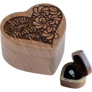 Engagement Ring Box for Proposal Pocket Size Walnut Wooden Heart Engraved (Will You Marry Me?)