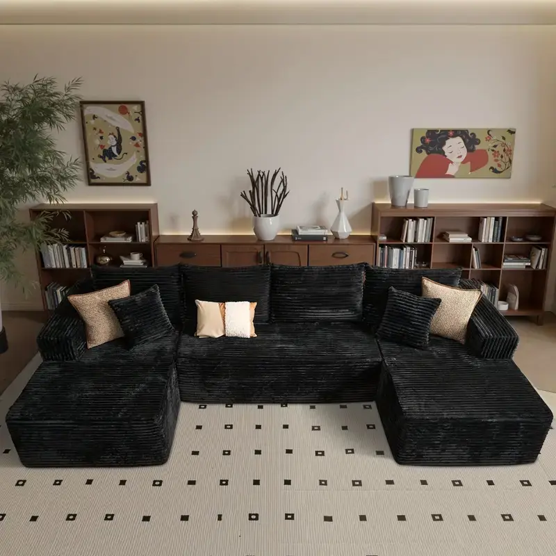 132-inch U-Shaped Cloud Sectional Sofa with Double Recliner - Plush Corduroy, No Assembly Required, Deep Seated Boneless Design, & Modern Living Room Furniture Boneless combination sofa