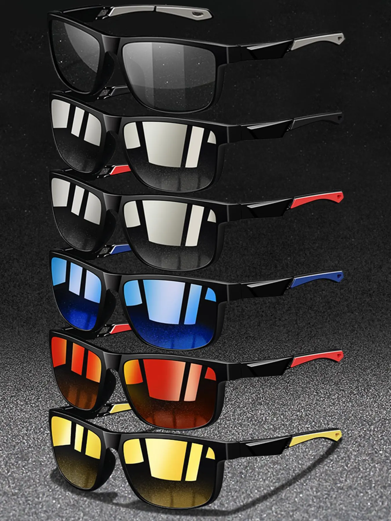 6 pairs of stylish vintage sports cycling sunglasses, Cycling Gear, for men and women, available in multiple colors. Features UV400 lenses for UV protection, Classic Color Splicing Frame and rubber nose pads for comfort during outdoor activities.