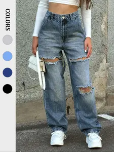 Women's Ripped Denim Jeans, Y2K Casual Fashion Pants for Daily Wear, Ladies Bottoms for All Seasons, Denim Trouser
