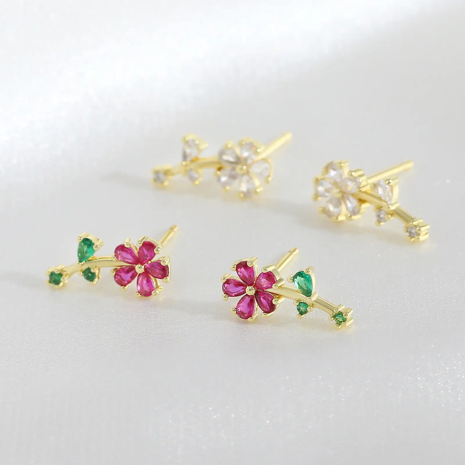 springtok Colorful/white zircon earrings, flower shape earrings for pierced ears, daily wear gift for women