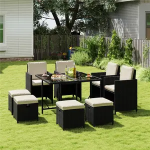 【3 Packages】 Costoffs 9-Piece Outdoor Dining Set with Table, 4 Chairs and 4 Ottomans, Water-Resistant Cushions with Zippered Covers for Easy Cleaning, with PE Rattan and Tempered Glass,summervibes