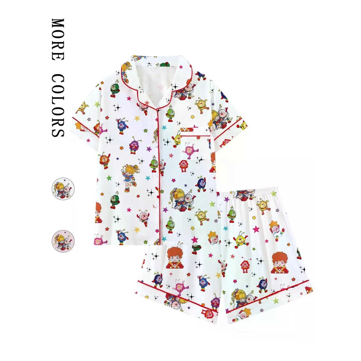 Retro Rainbow Girl Cartoon Collared Short Sleeve Pajama Set, Comfortable Summer Sleepwear for Home and Outdoors, Ideal Gift