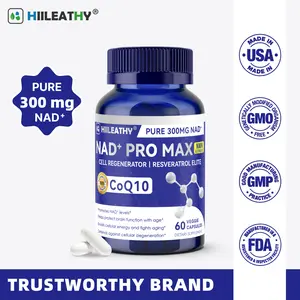 HIILEATHY NAD+ Pro Max - Pure 300mg NAD+, CoQ10 & Resveratrol Supplement with Black Pepper Extract for Energy Focus Heart Health Anti-Aging 60 Veggie Capsules Made in USA