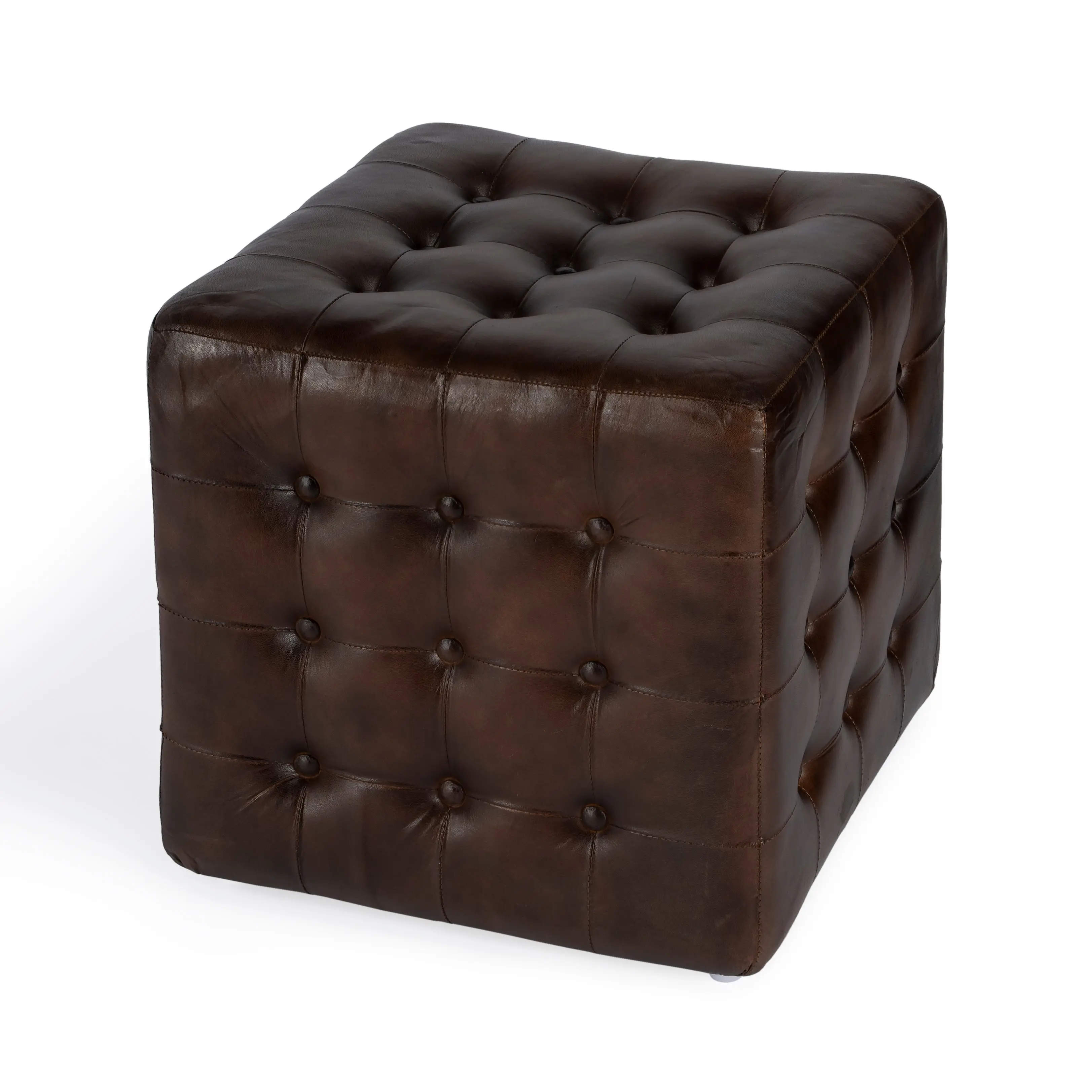 Butler Specialty Company Leon 18 in. Square Button Tufted Leather Cube Ottoman, Dark Brown