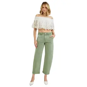 RISEN JEANS Women's Stretchy High-Rise Tummy Control Cropped Barrel Jeans, Olive Fashion Fit Bottoms, Style PGC21036 fathersdaygiftideas