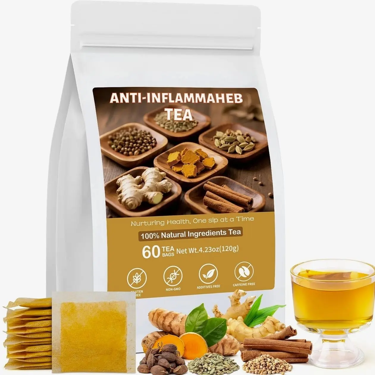 Anti-Inflammaheb Tea, 100% Natural Inflammation Tea from Premium Turmeric, Ginger, Cinnamon, Cardamom, Cumin, Coriander Seeds Herbal Ingredients, Supports Antioxidant, Boost Immunity (1 Pack/60 Bags）