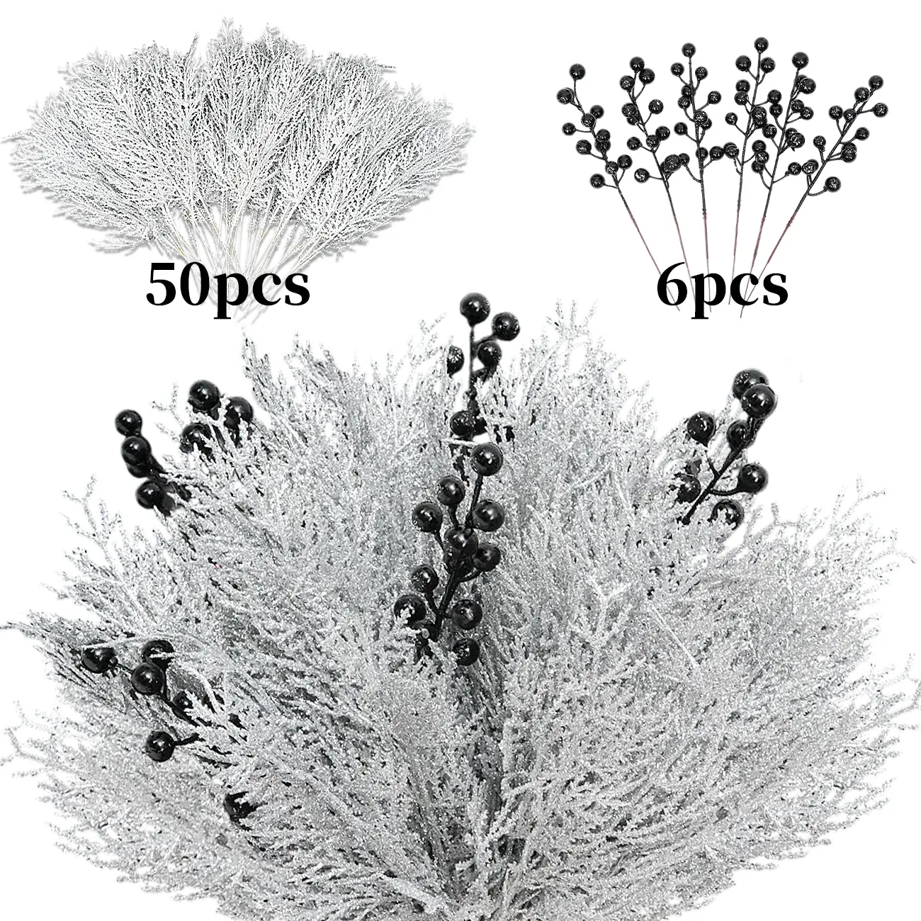 (56 Pcs )50 Pcs 14 inch Christmas Silver Artificial Pine Branches- 6 pcs 7.8 inch Black berries Glitter Fake Foliage Pine Stems Picks- Silver Leaves Artificial Pine Needles For DIY Christmas Wreath Home Decoration