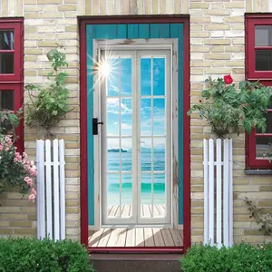 2pcs Stereo Effect Decorative Door Wall Sticker featuring Blue Sea and Sky Theme with White Wooden Door Frame Design, Creating a Mediterranean-style Visual Extension. Self-adhesive Material for Easy Door Decorations Home Decor