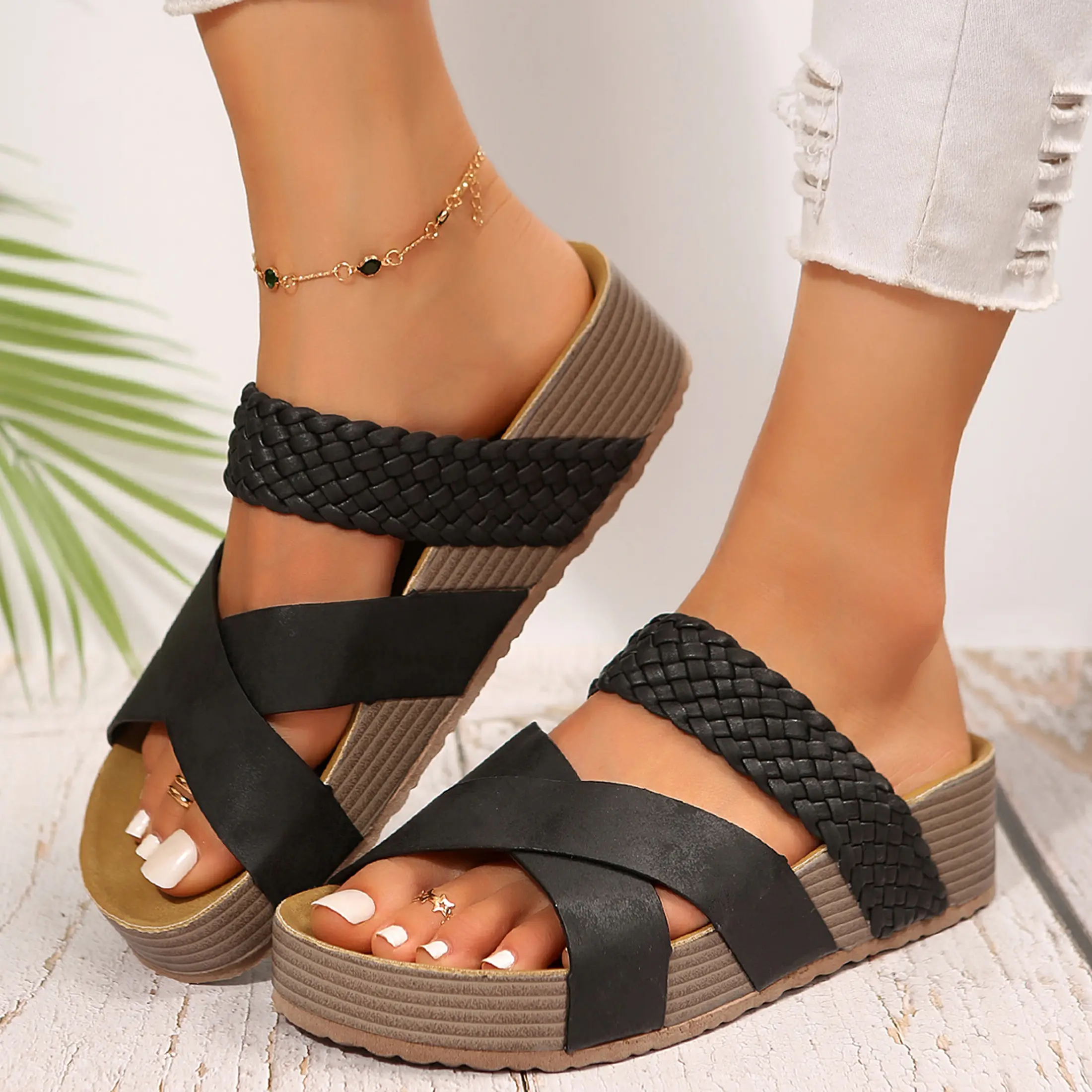 Women Solid Color Sandals New Thick Bottom Braided Cross Casual Slippers Beach Sandals Summer Vibes