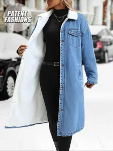 Women's Fall Winter Casual Fashion Long Sleeves Jacket, Elegant Solid Color Stand Collar Thick Warm Denim Coat, Multi-Functional Outerwear for Women
