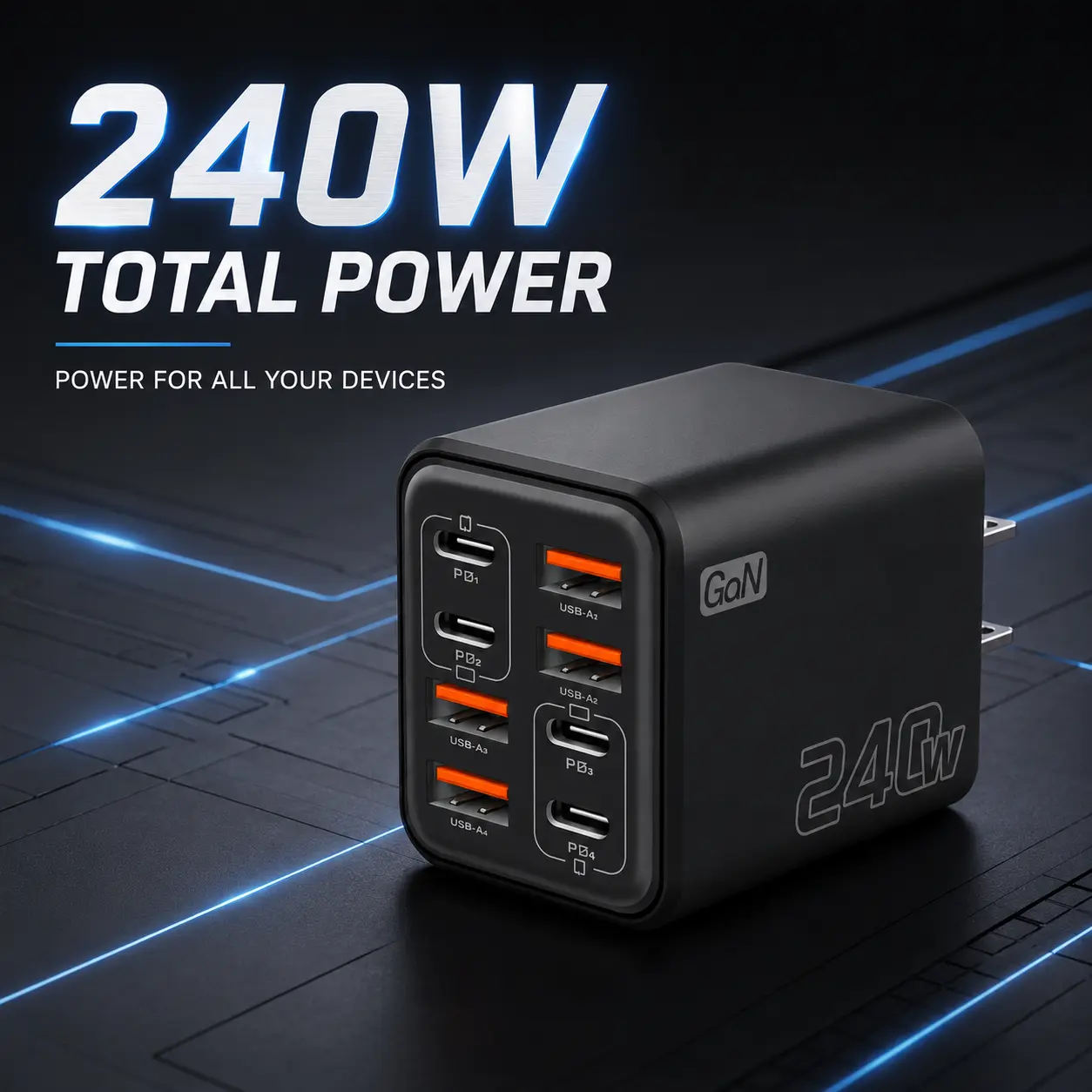 240W Portable 8-Port USB C & USB A Square Charging Station, Mobile Charger Cube Plug for Smart Phone 240W Total Power GaN Charger with Multiple USB Ports for All Your Devices-MM