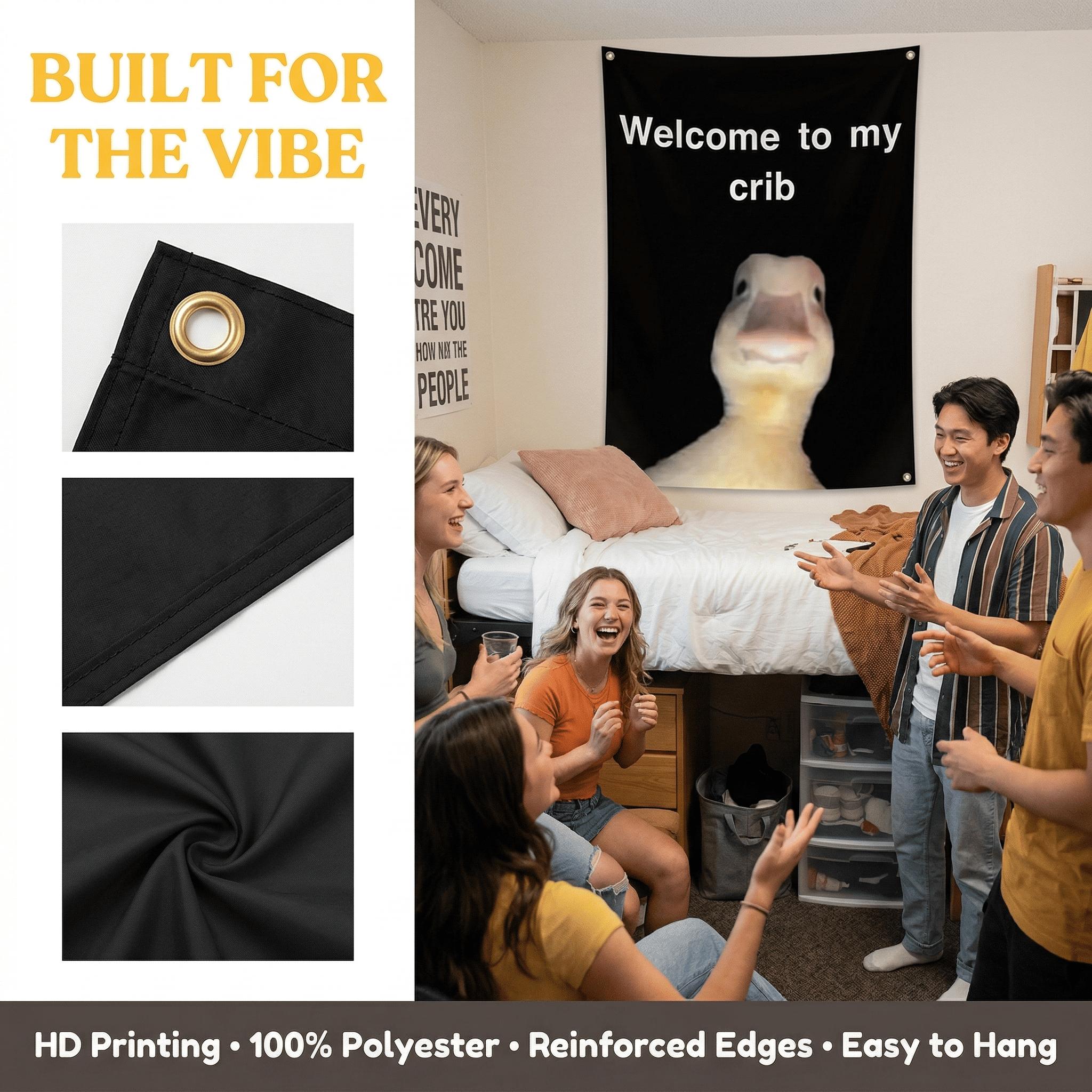 "Welcome to My Crib" Letter & Duck Pattern Tapestry, Funny Flags for Room Decor, Wall Hanging Decor for Living Room & Bedroom, Valentine's Day Gift, Decoration Items, Home Bedroom Decor