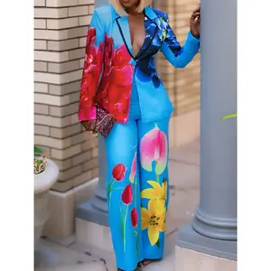 Elegant women’s printed lapel single-breasted blazer and high-waisted slim pants suit set for spring and fall, perfect for work or casual outings